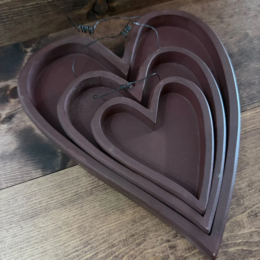 Nesting Wooden Heart Wall Decor Set 3 Piece Primitive Rustic Burgundy Farmhouse
